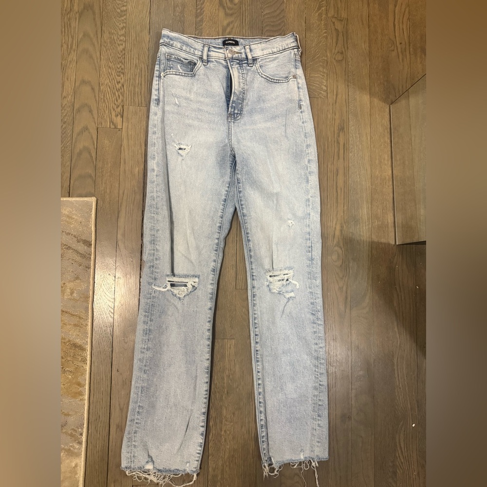 Express light wash high waisted straight jeans